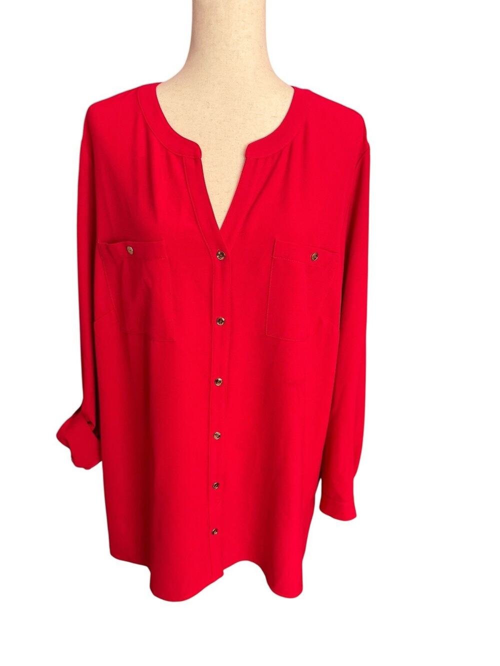 Susan Graver Plus 22W Stretch Woven Button Long Sleeve Shirt Tab Long Sleeve